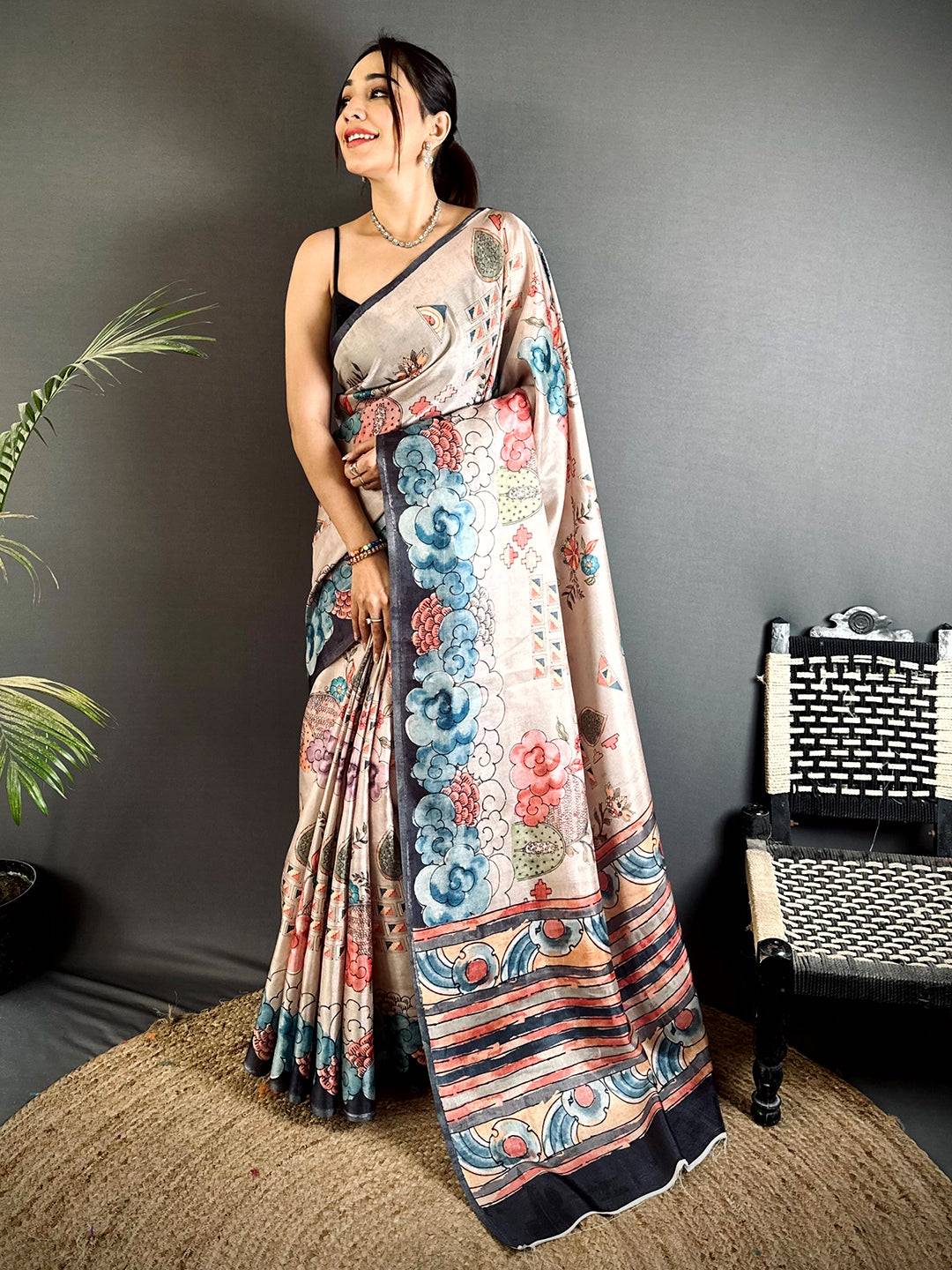 Radiance Floral Kalamkari Tussar Saree