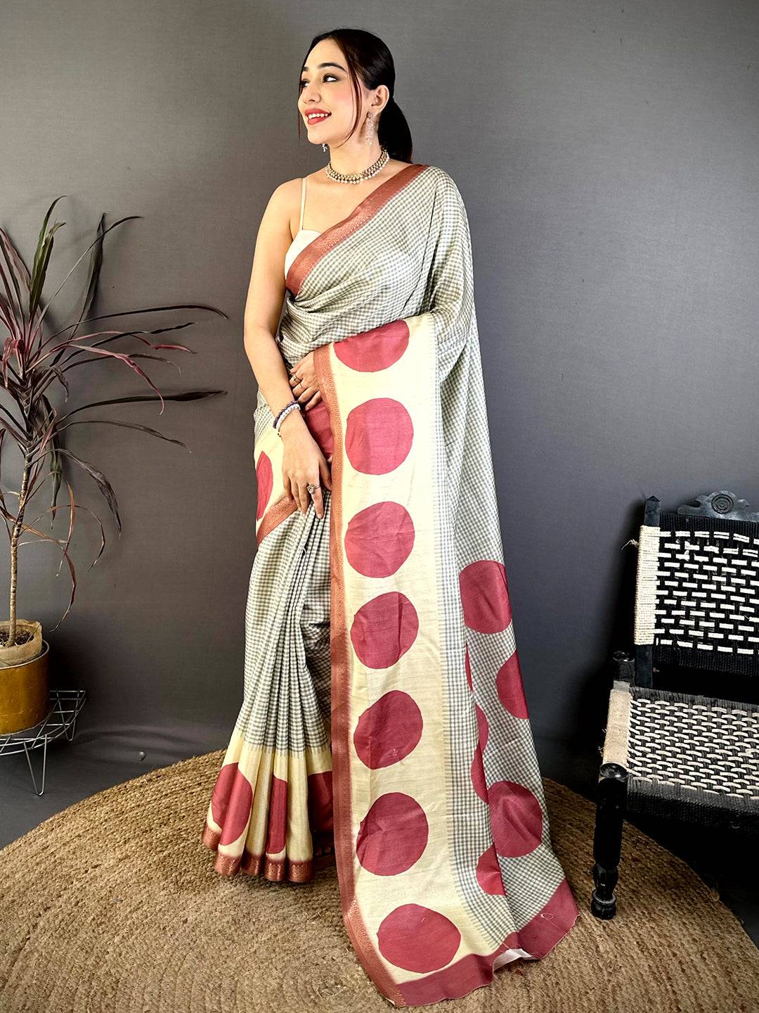 Elegant Polka Dot Grid Check Soft Tussar Saree