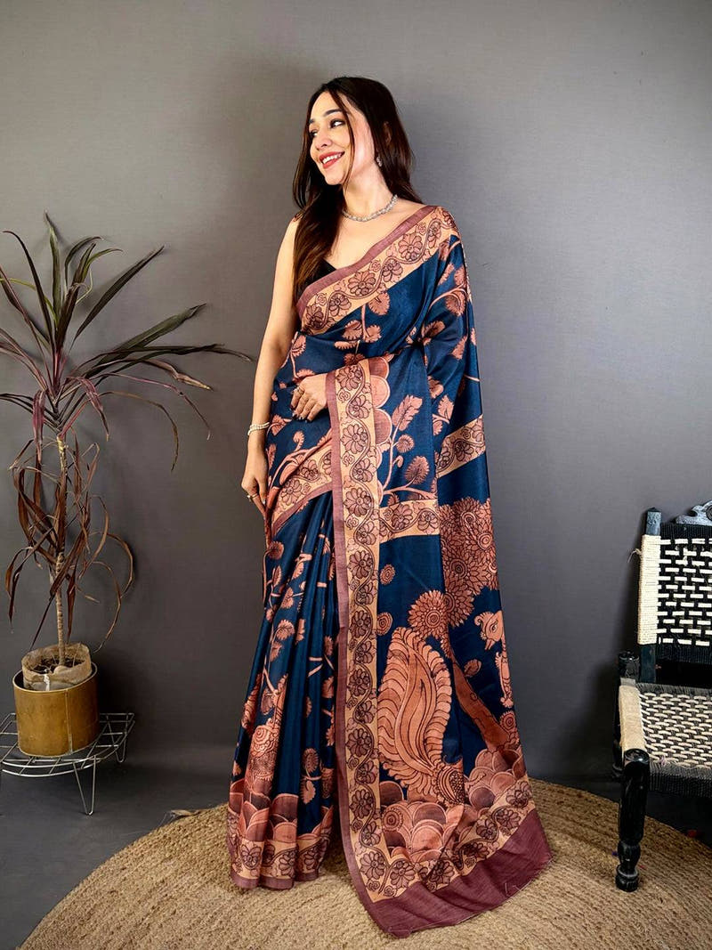 Navy Blue Soft Tussar Kalamkari Print Saree