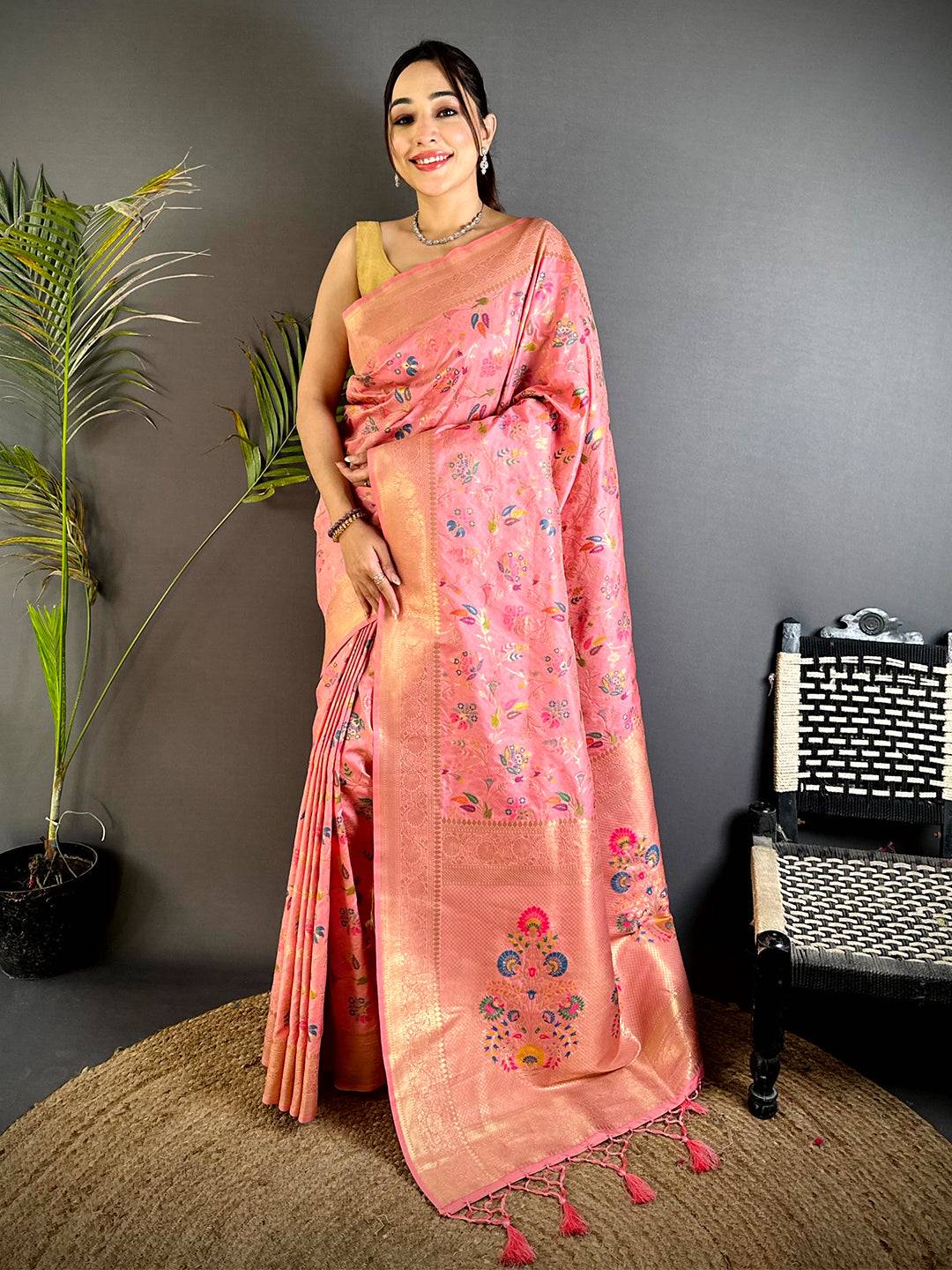 Pink Banarasi Minakari Floral Silk Saree