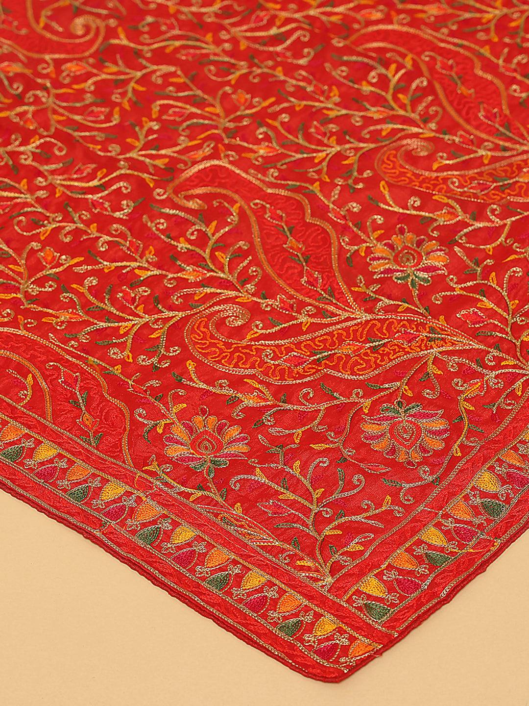 Close-up of red pashmina dupatta with detailed embroidery