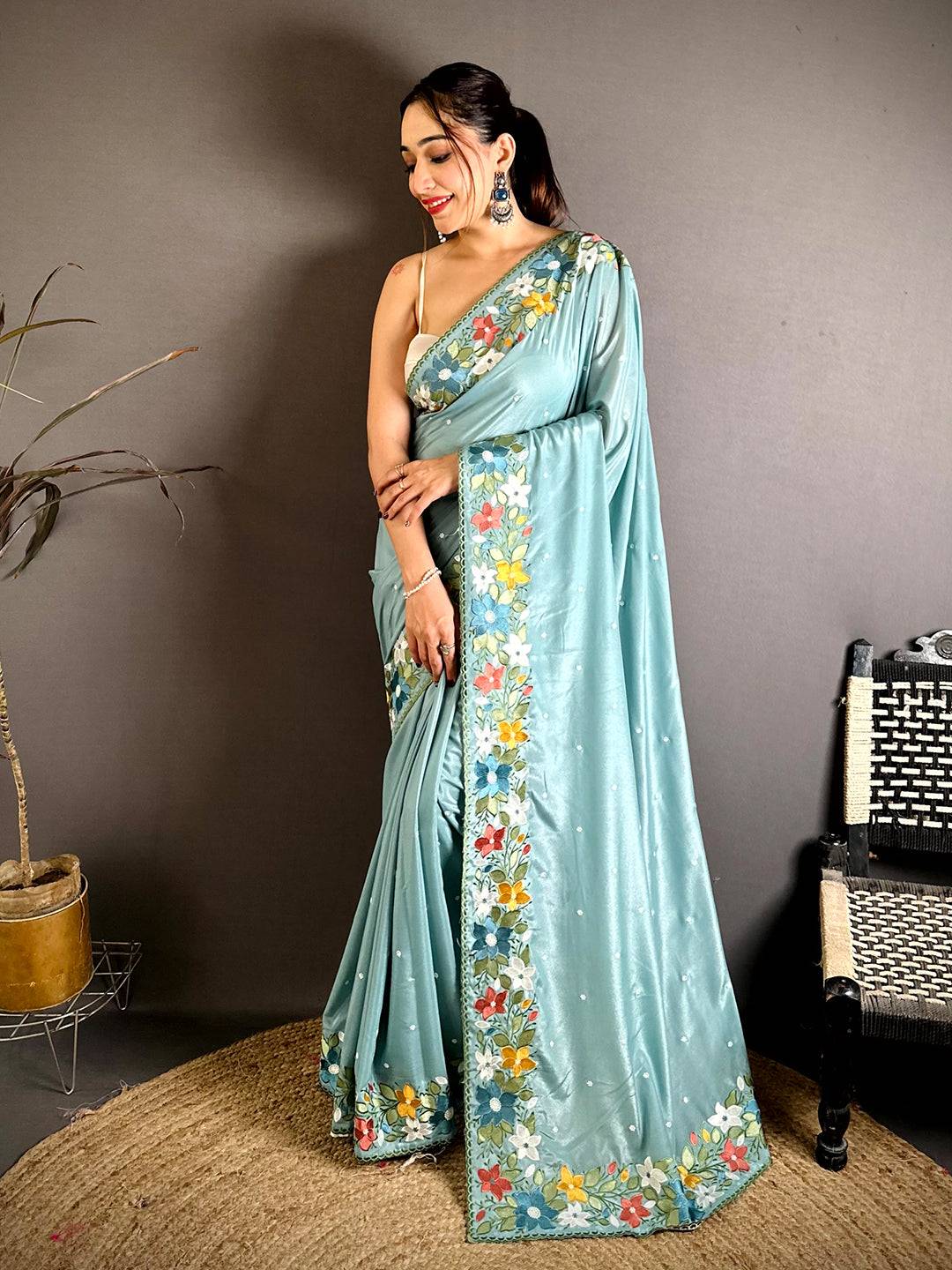 Exclusive Floral Embroidered Border Saree