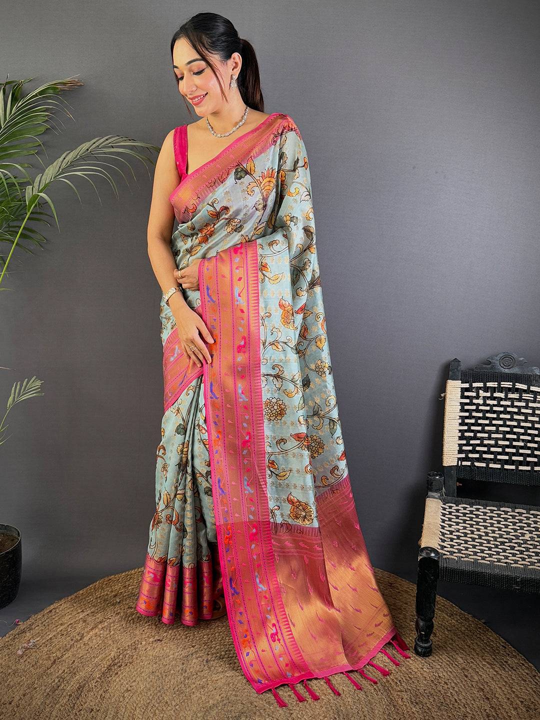 Regal Kalamkari Printed Tissue Saree