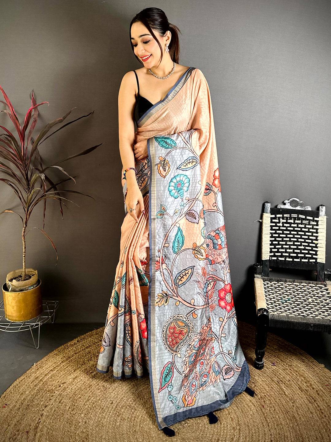 Tradition Tussar Ghicha Kalamkari Saree