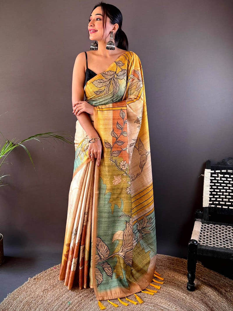 Yellow Abstract Floral Zari Tussar Saree