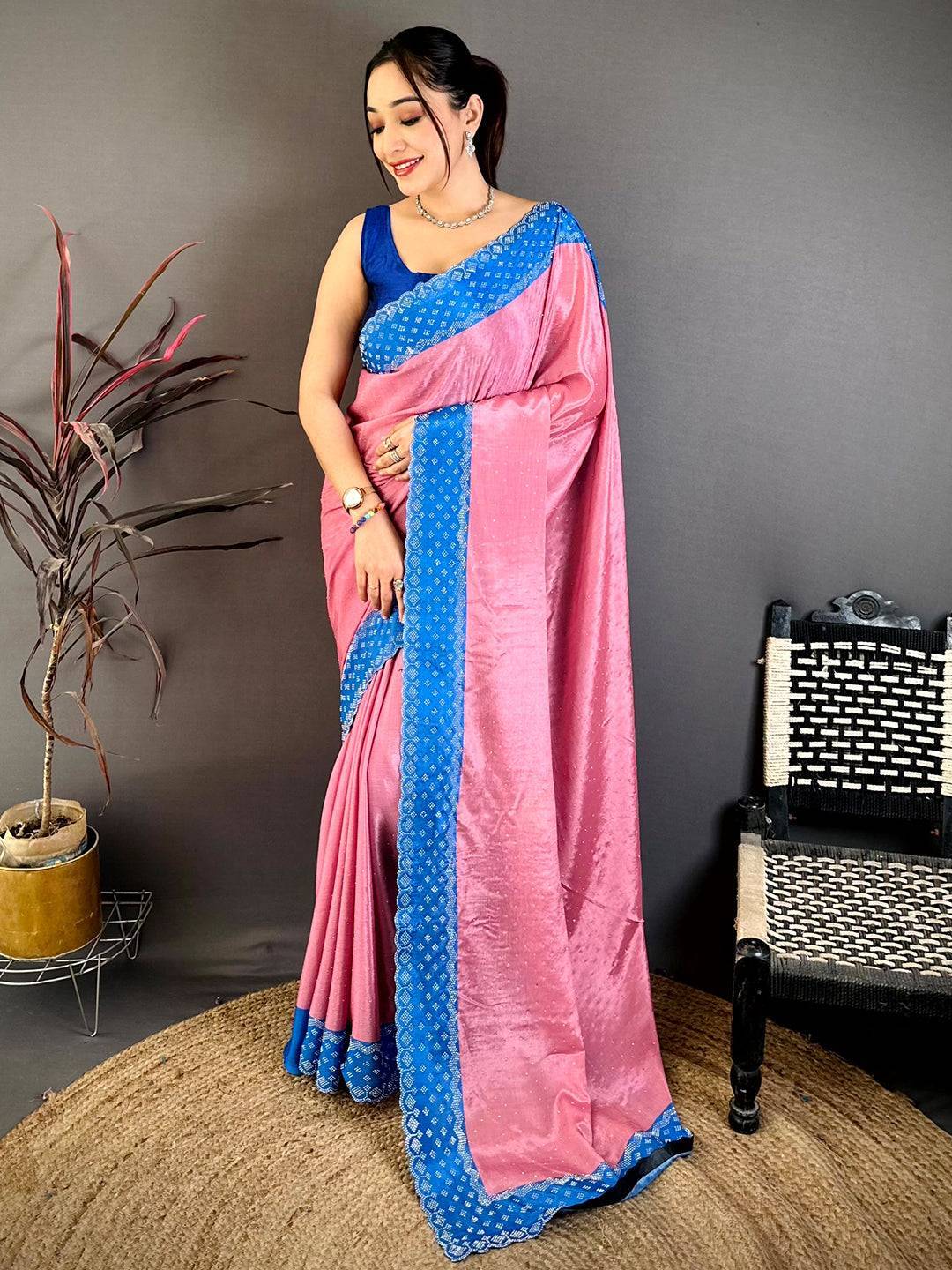 Gajri Poly Chiffon Diamond Swaroski Work Saree