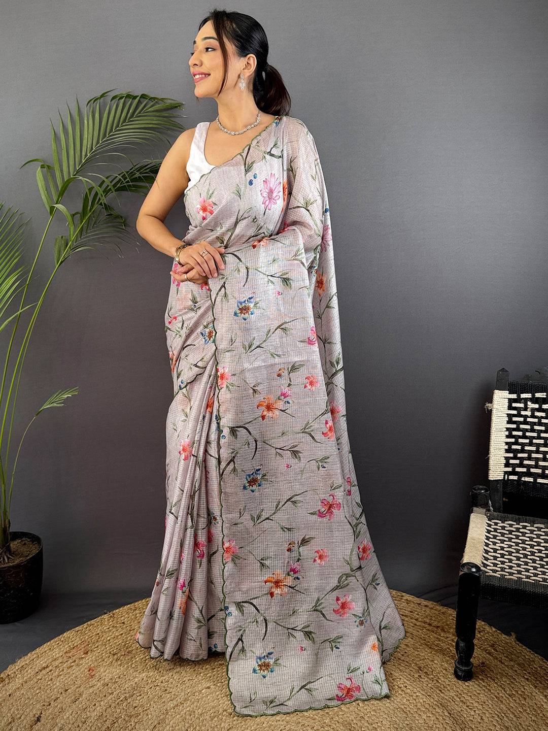 Light Grey Soft Kota Floral Print Saree