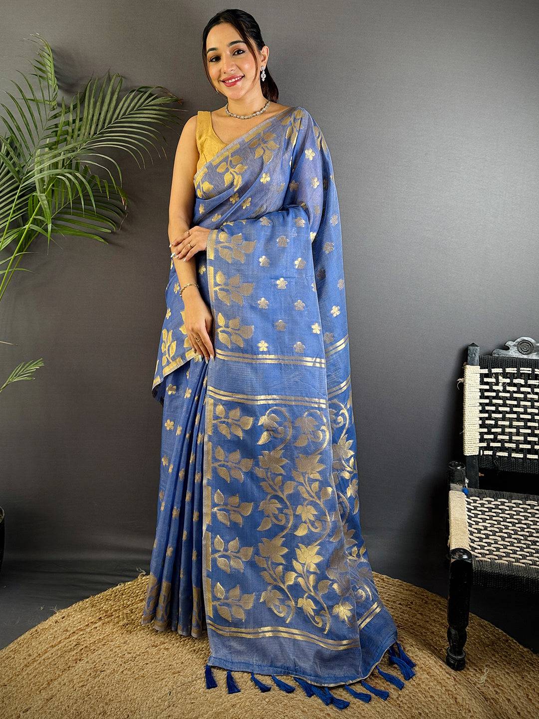 Radiance Blue Dhakai Cotton Silk Saree