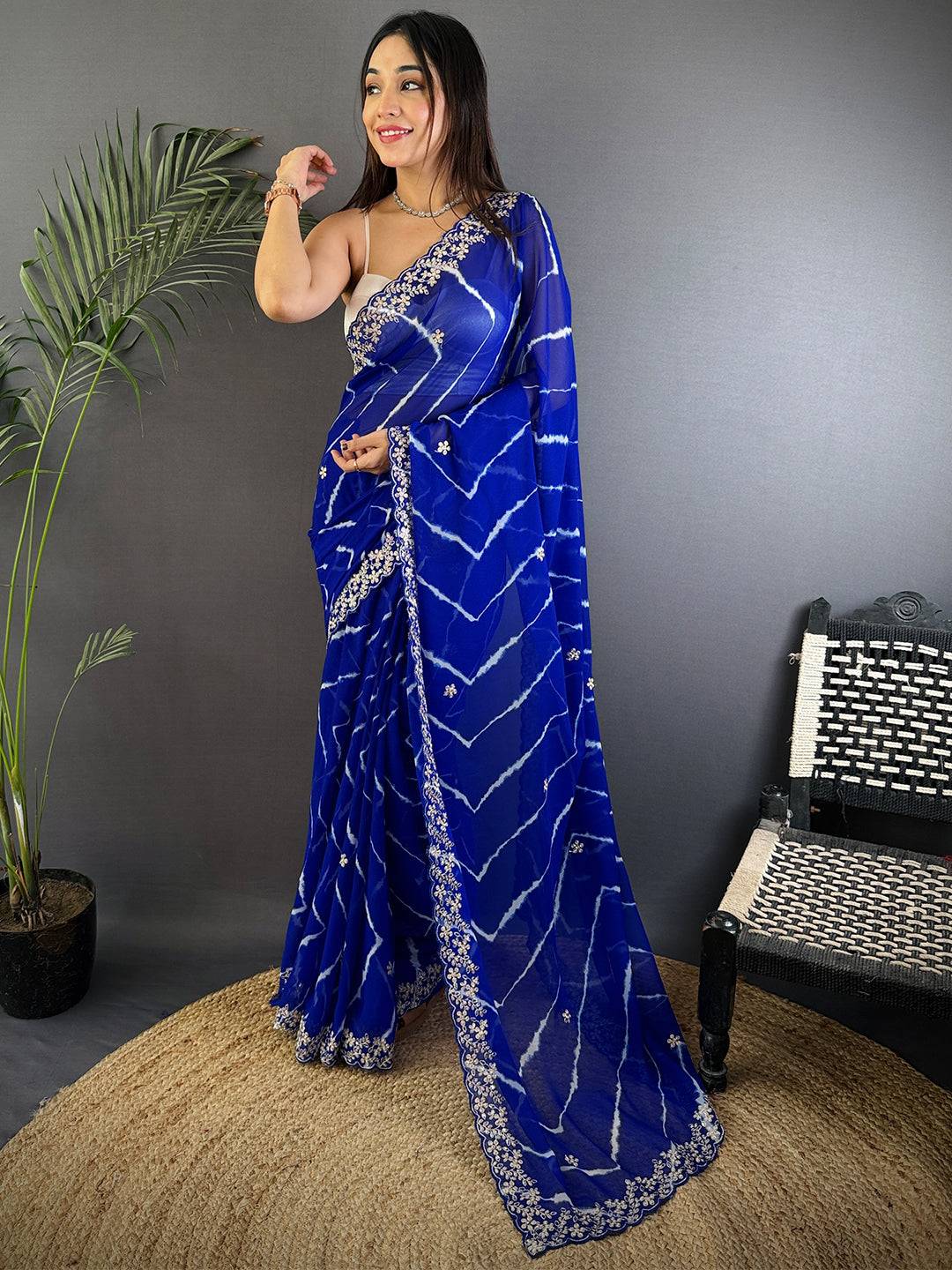 Blue Soft Georgette Bandhej Print Saree