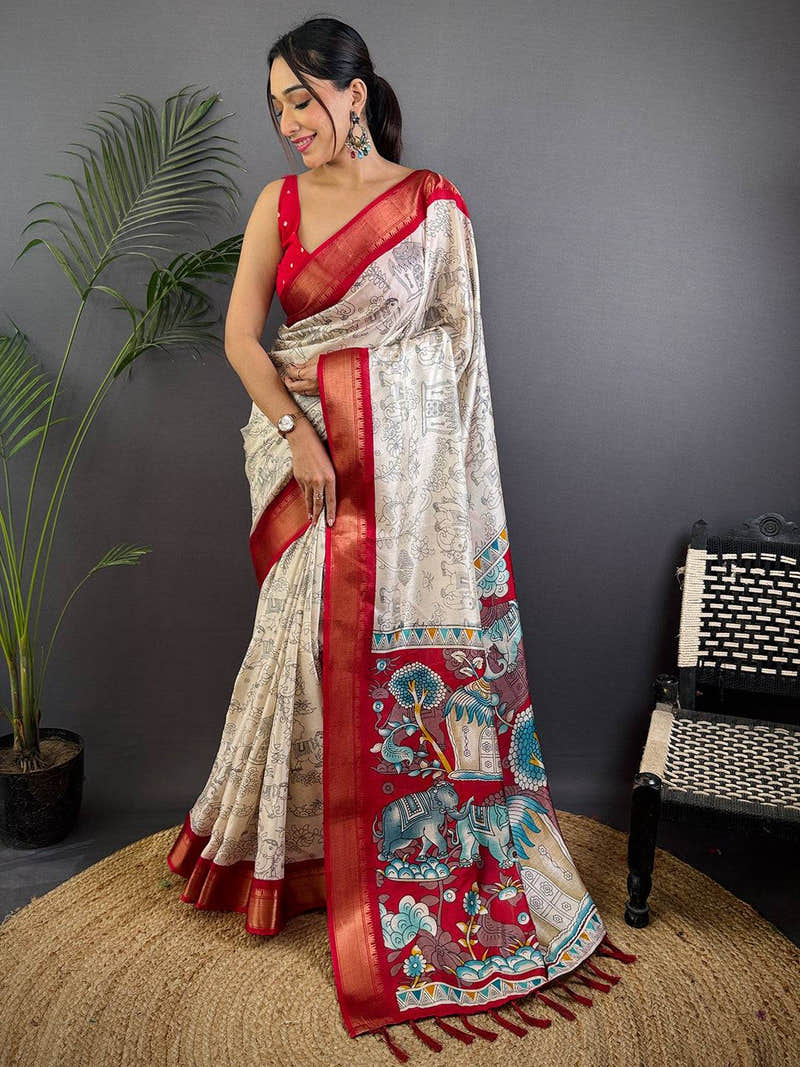Red Dola Silk Pen Kalamkari Print Saree