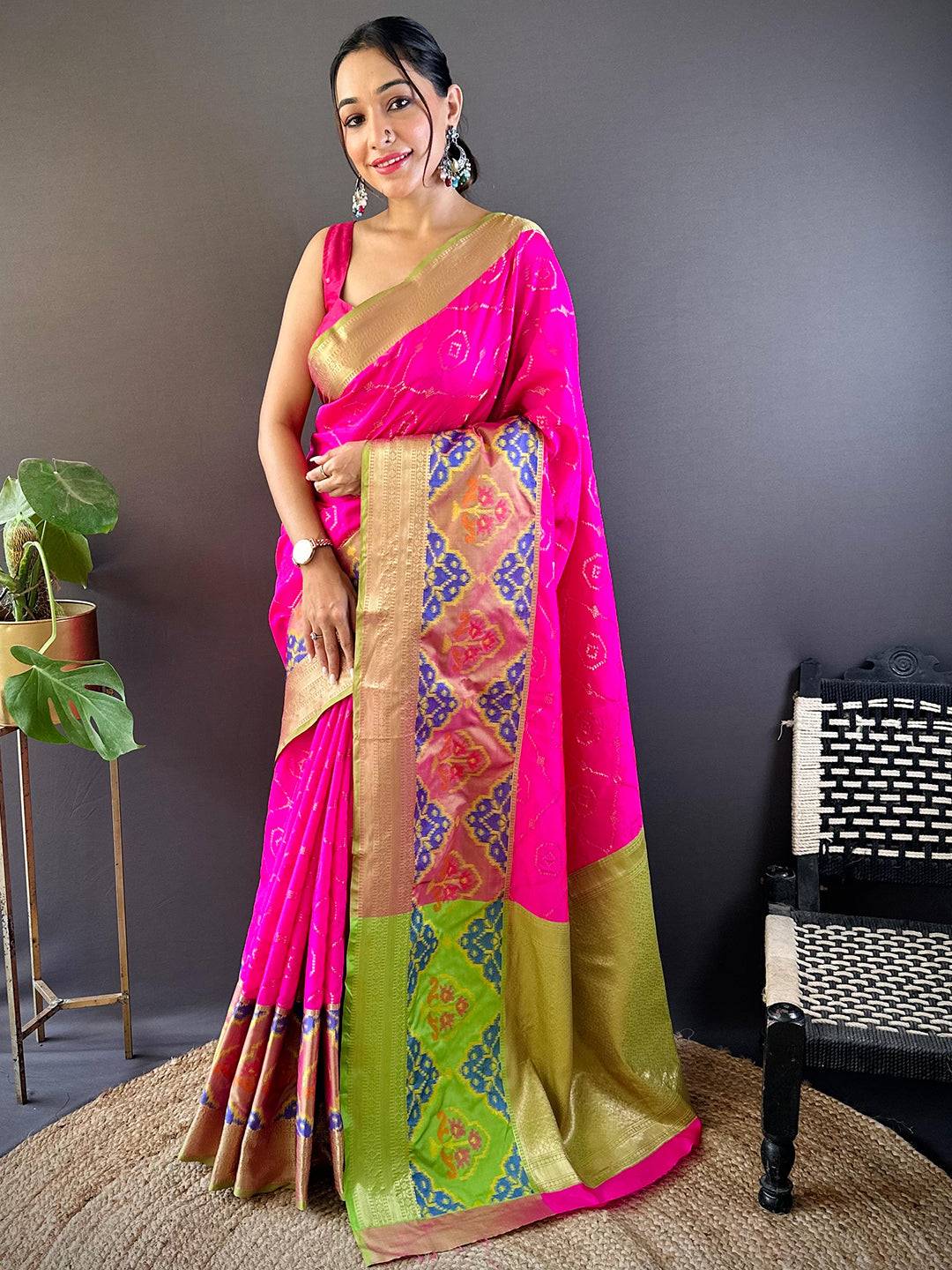 Pink Katan Silk Ikkat Saree