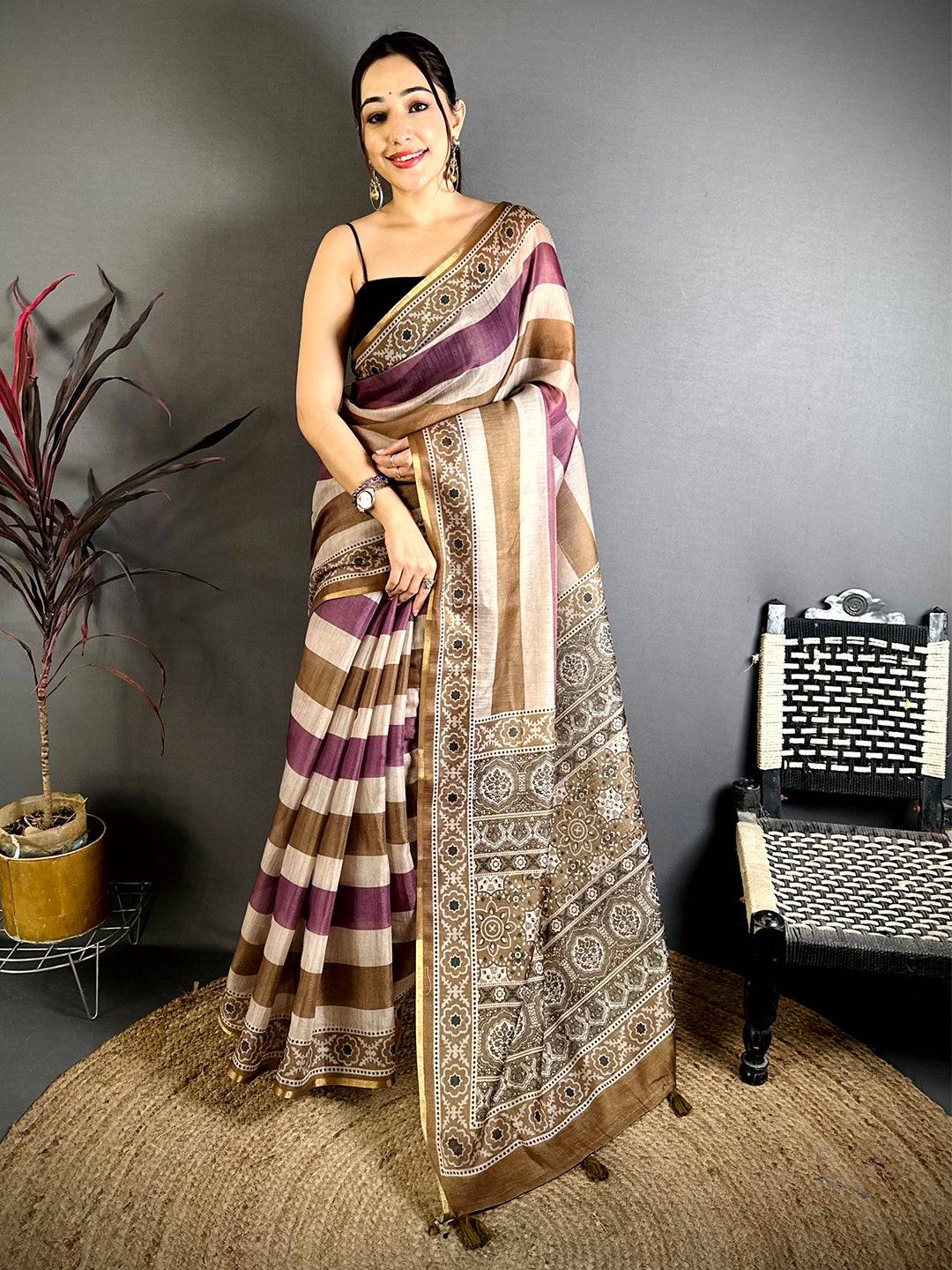 Heritage Stripe Linen Chanderi Saree