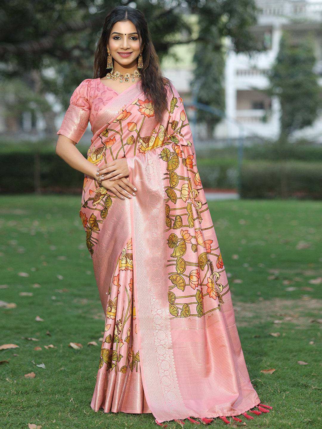 Pink Viscose Dola Silk Saree With Pichwai & Mughal Print