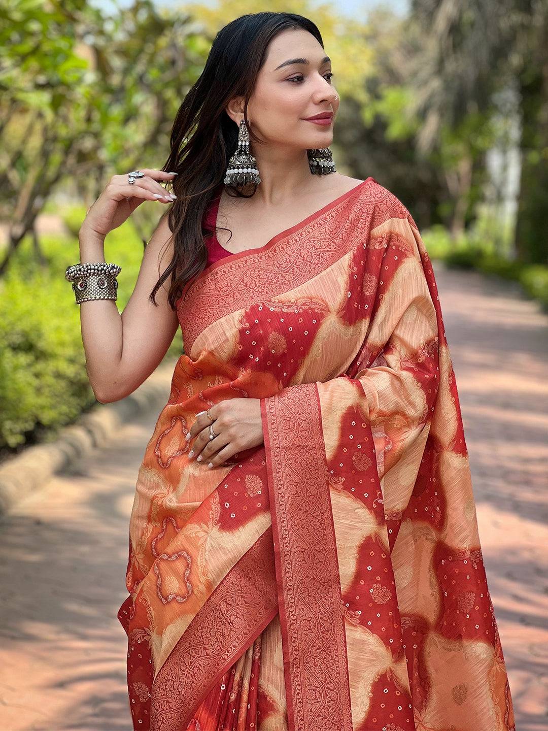 Peach Banarasi saree with digital print and opulent zari work