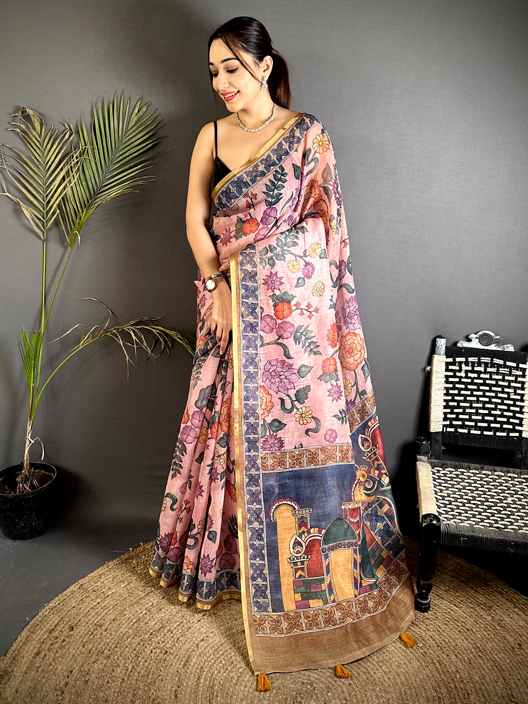 Stylish Floral Kalamkari Soft Linen Saree