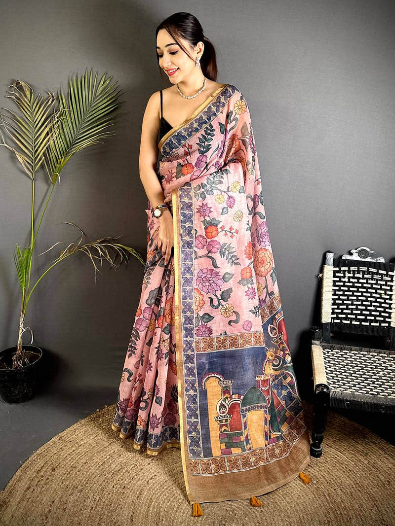 Stylish Floral Kalamkari Soft Linen Saree