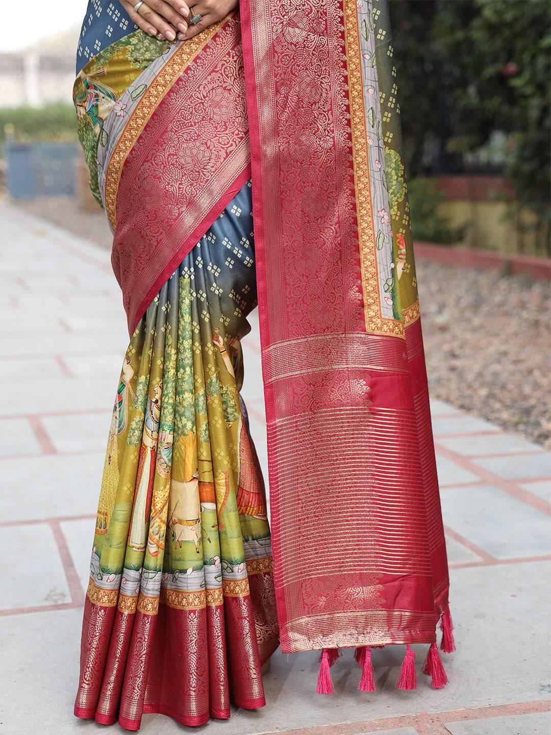 Blue Pure Viscose Dola Silk Saree with Bhandhej Print