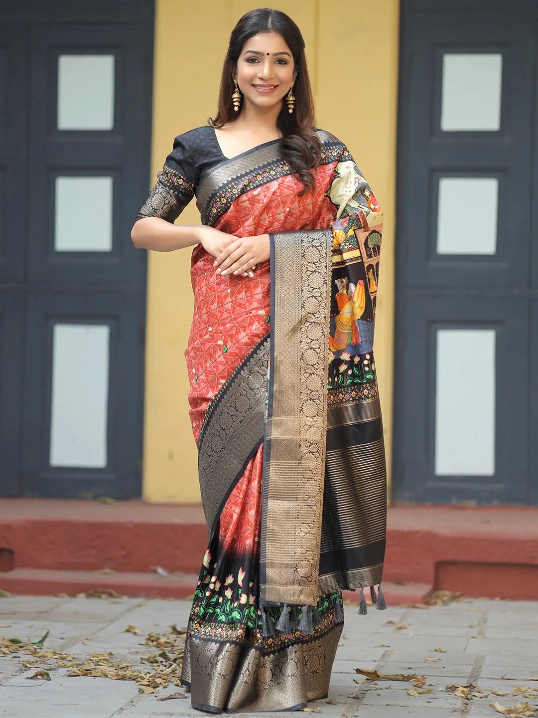 Red Colour Viscose Dola Silk Saree with Pichwai Print