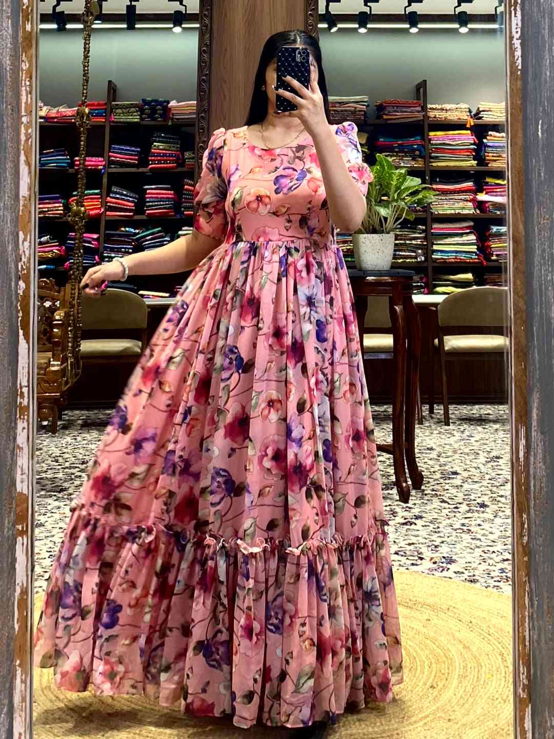 Salmon Pink Floral Georgette Dress