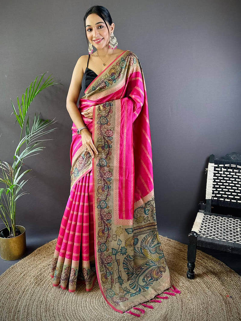 Pink Geometric Zari And Kalamkari Silk Saree
