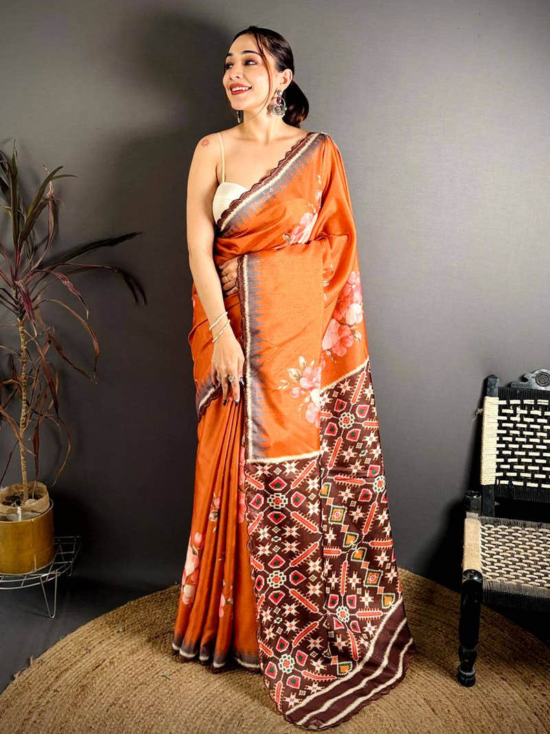 Rust Orange Tussar Ikkat Patola Saree