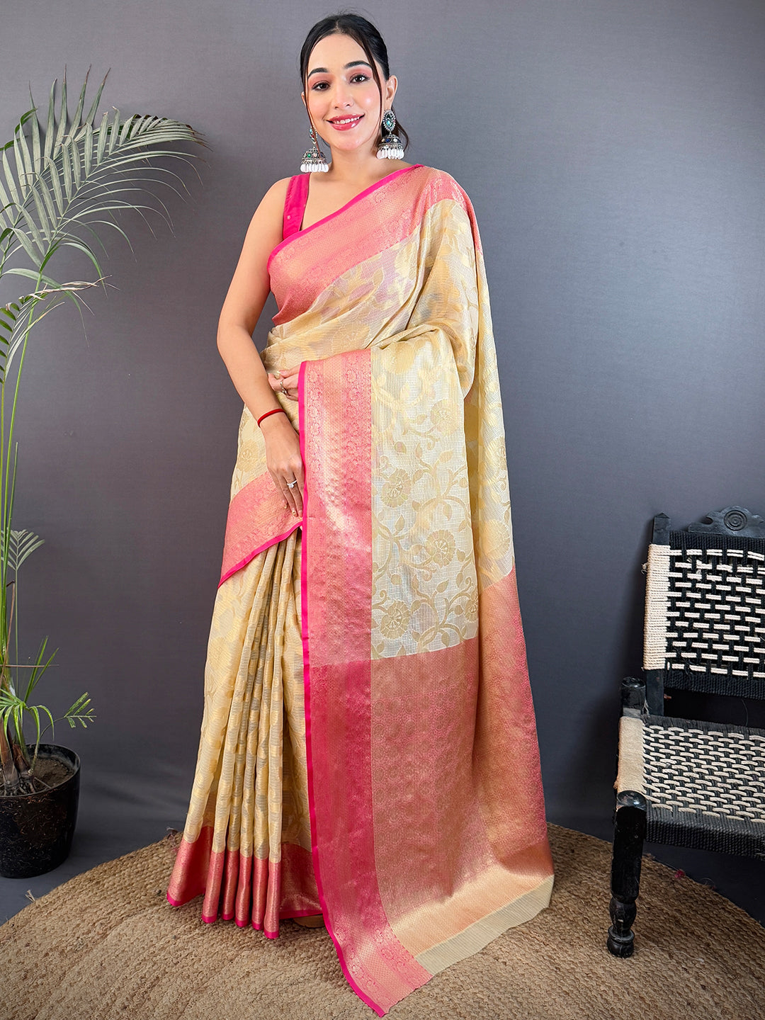 Radiance Kota Kora Gold Zari Saree With Maggam Blouse