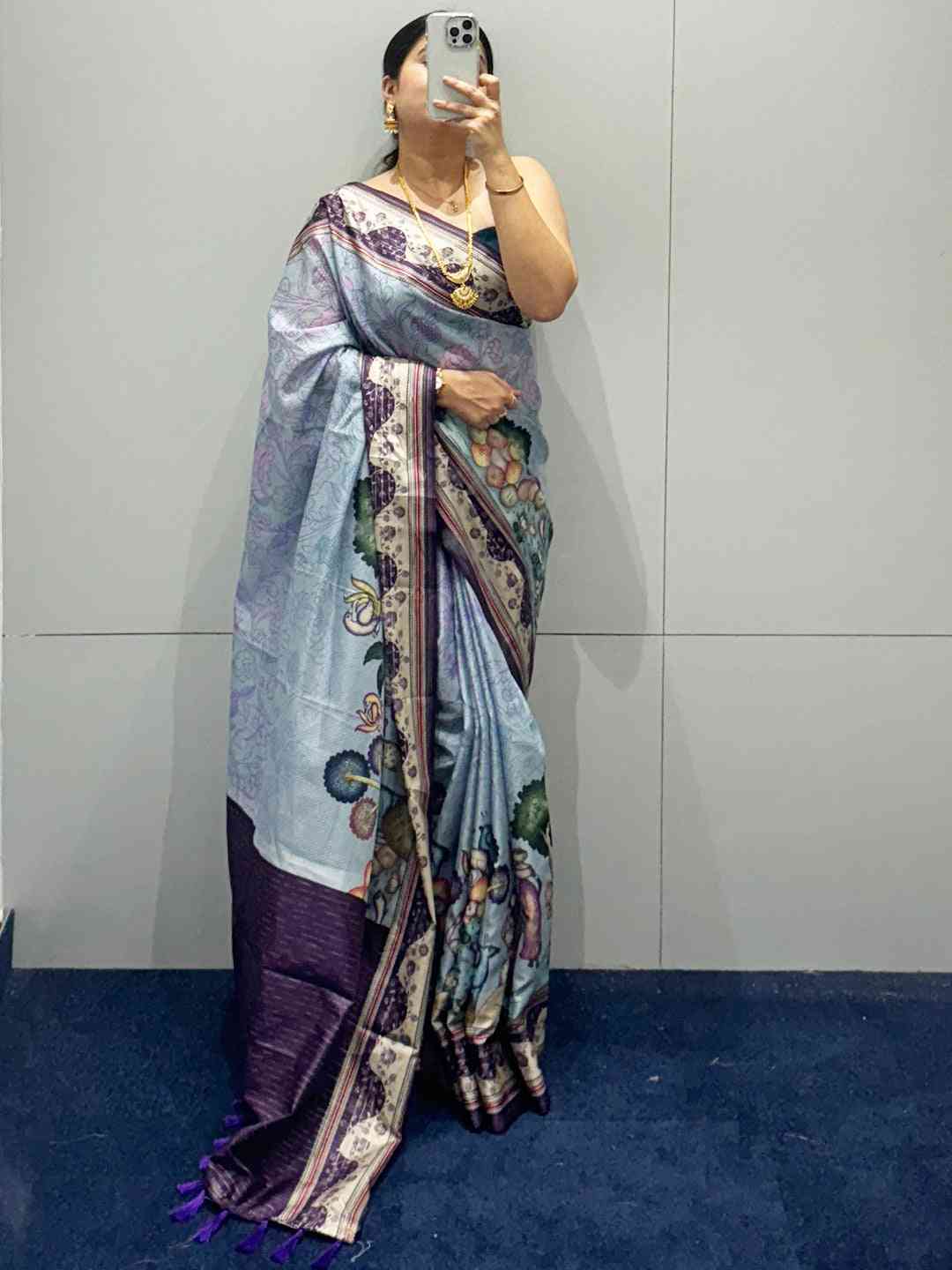 Lavender Satin Kota Doria saree with Kalamkari design and zari pallu.