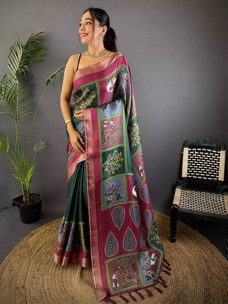 Bottle Green Tussar Kalamkari Print Saree