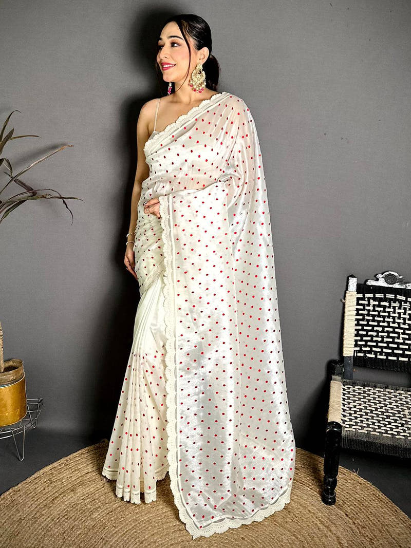 White Soft Tissue Resham Polka Dot Saree