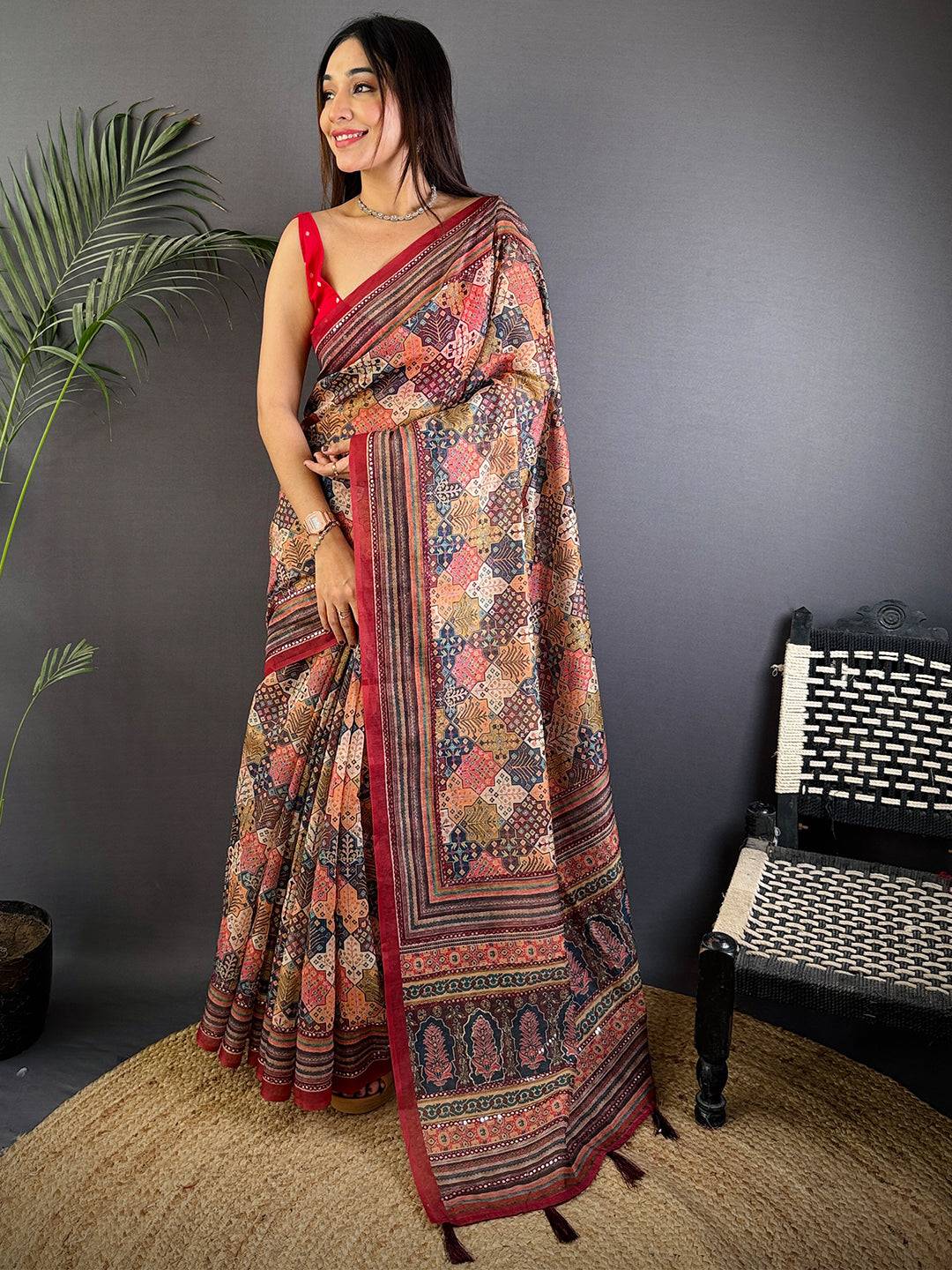 Multi Charm Mirror Work Silk Saree