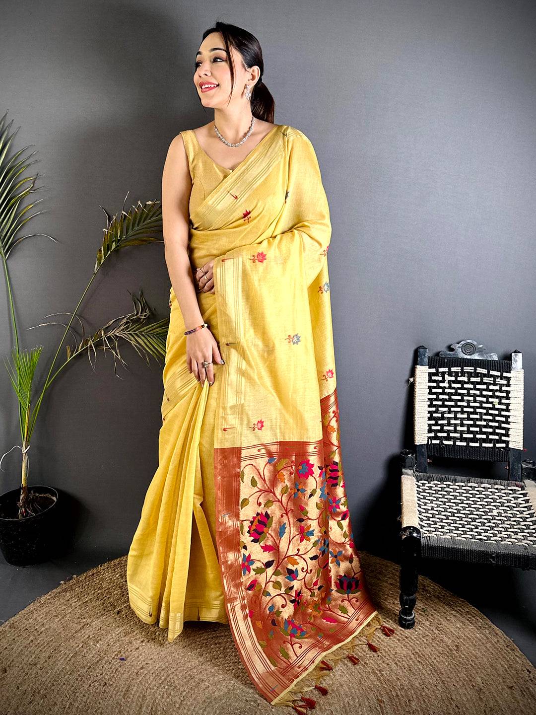 Stylish Minakari Butti Khadi Linen Saree