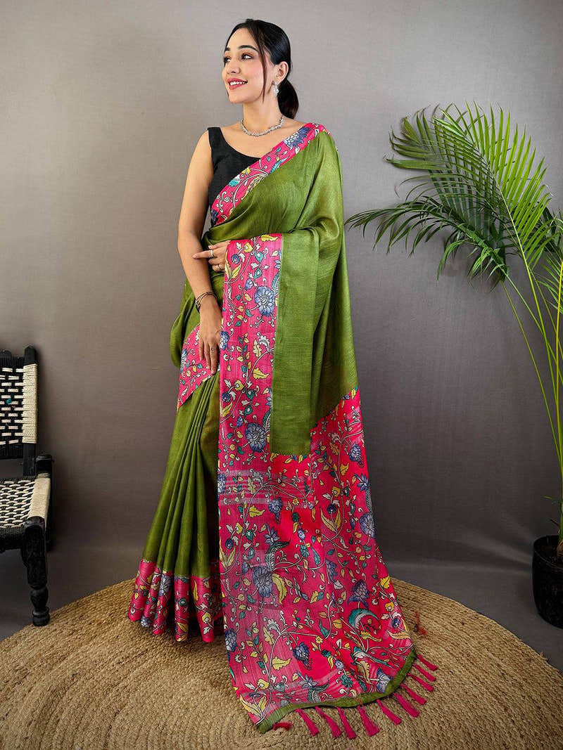 Olive Linen Kalamkari Print Saree
