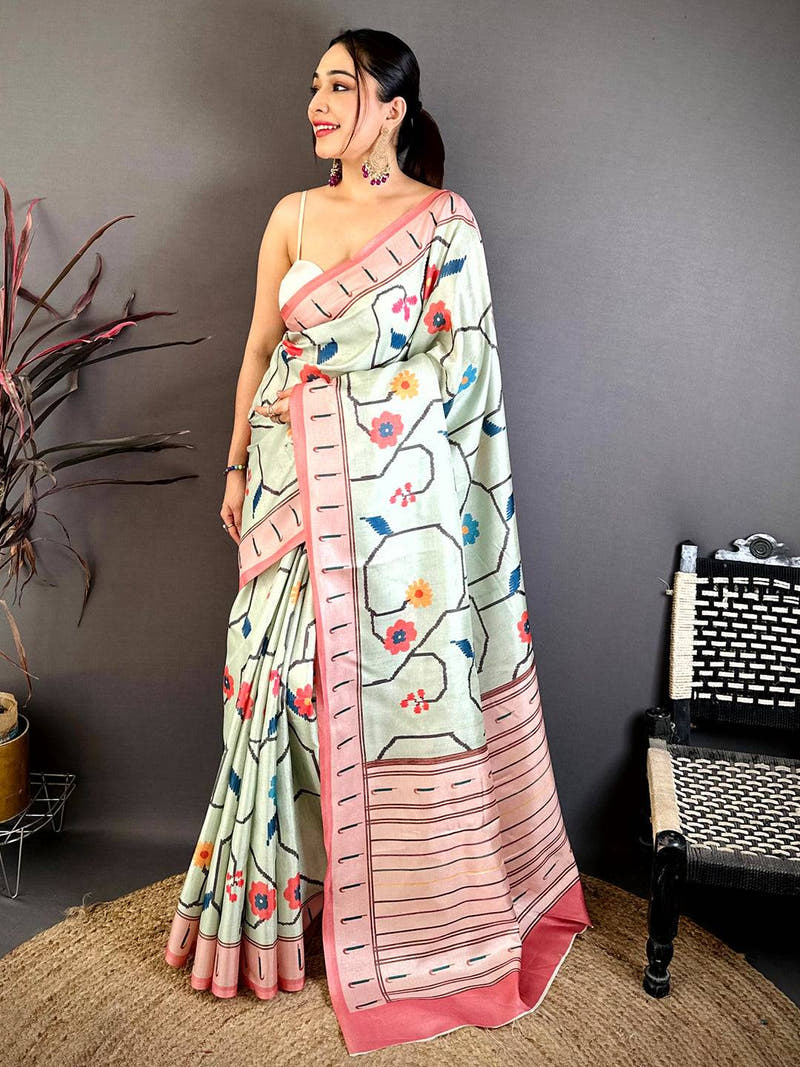 Royal Tussar Ikkat Meenakari Print Saree