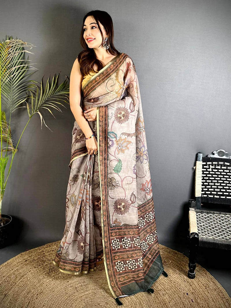 Heritage Linen Tissue Ajrakh Zari Saree