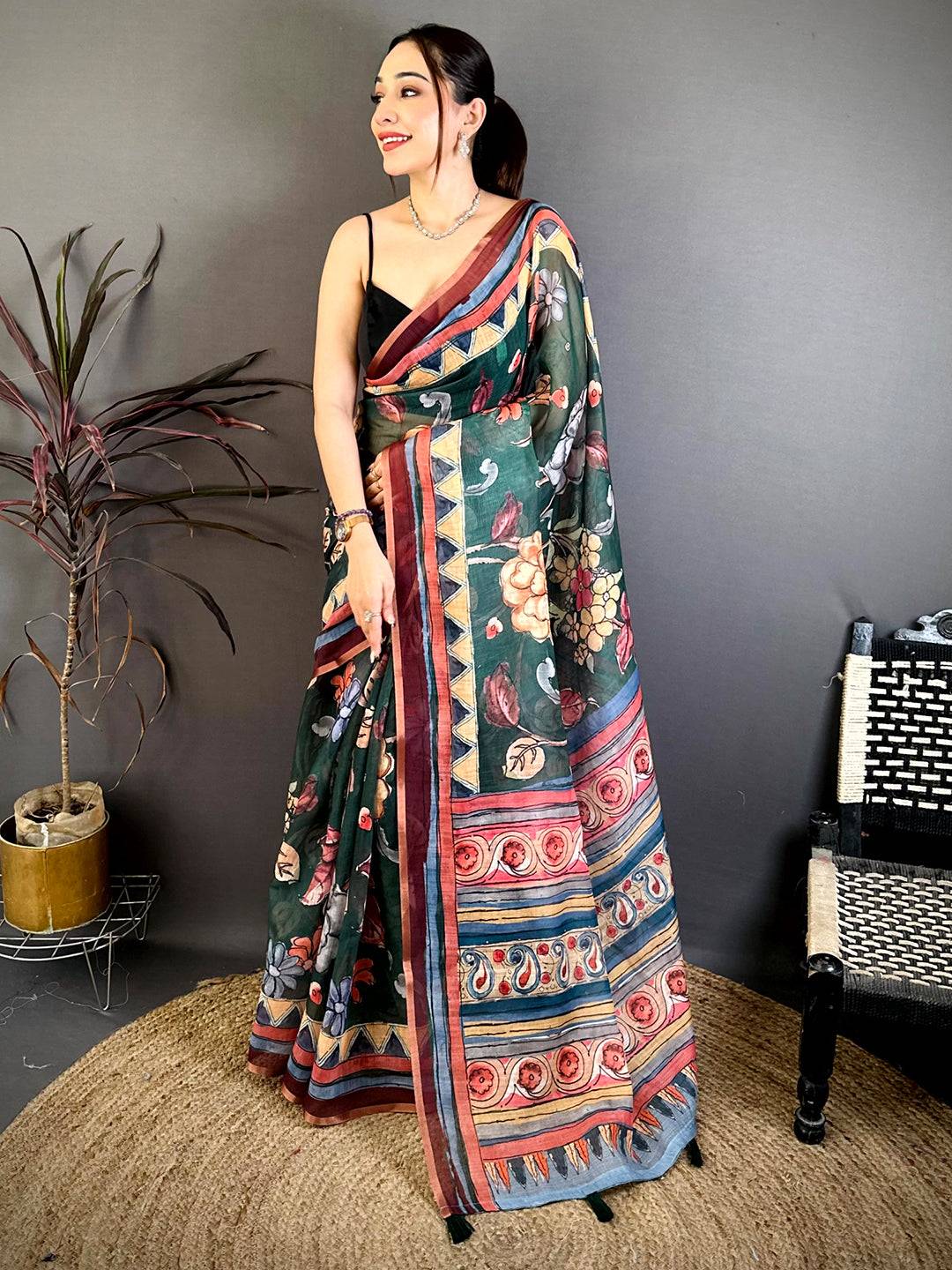Green Free Hand Floral Linen Saree