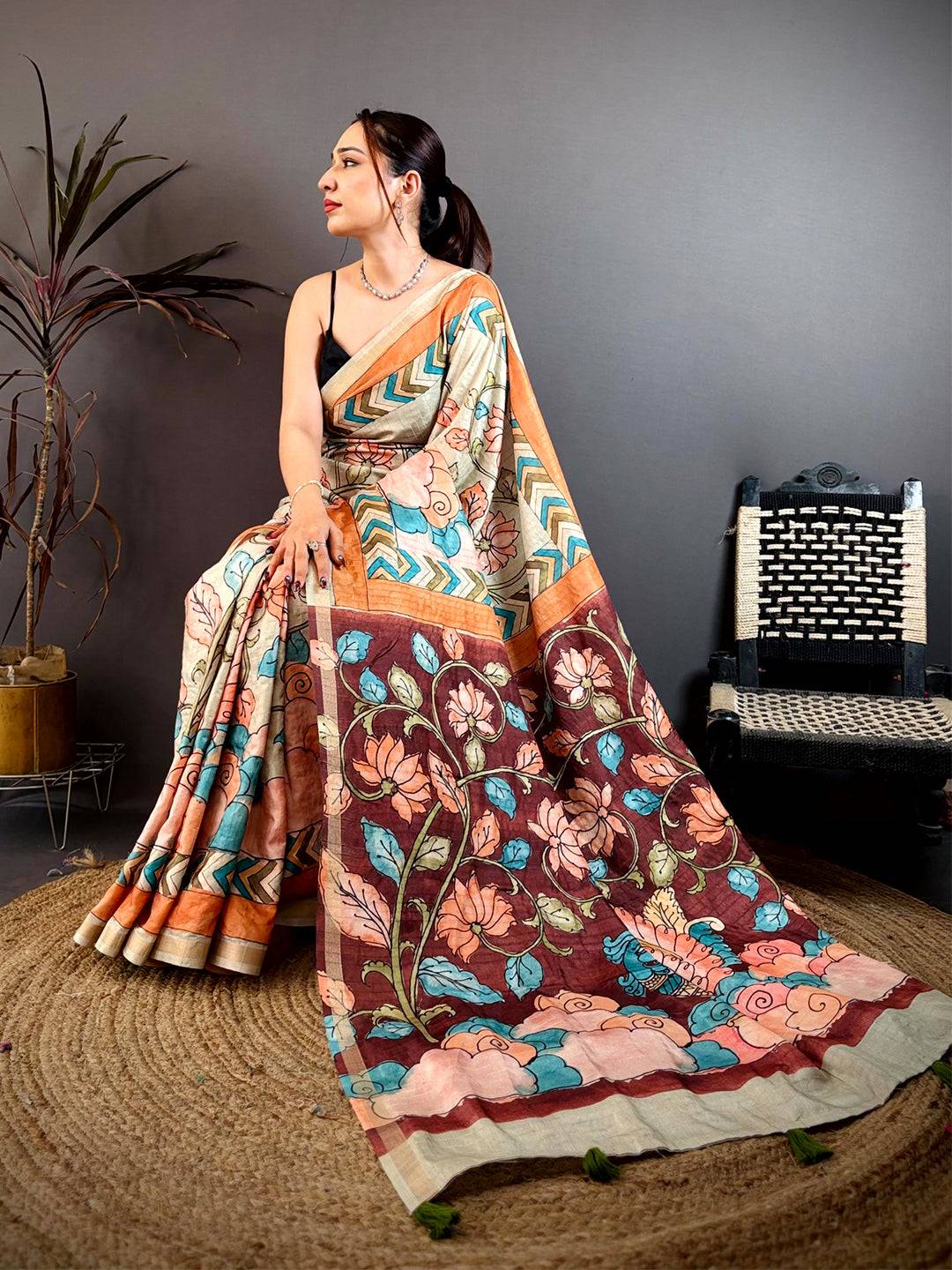 Royal Pen Kalamkari Ghicha Tussar Saree