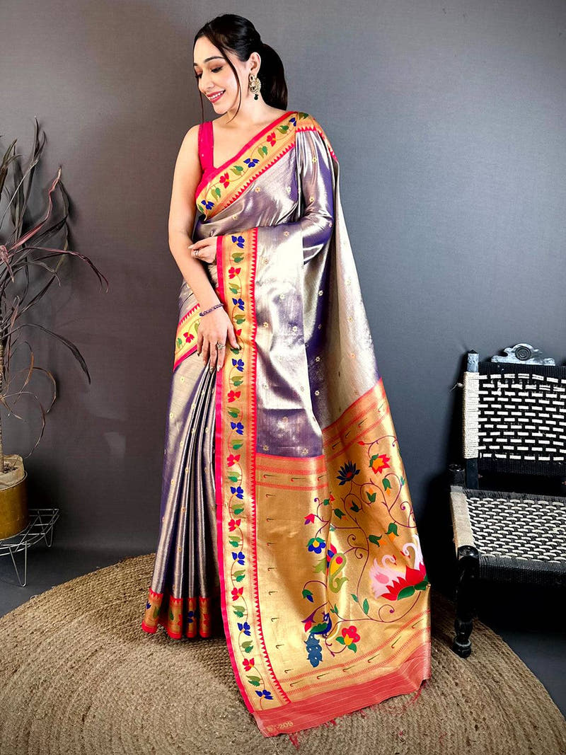 Royal Peach Zari Tissue Paithani Style Saree