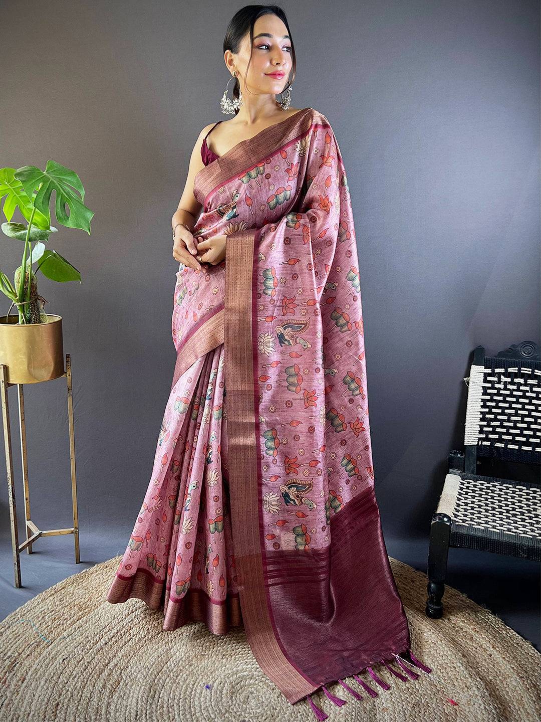 Brown Kalamkari Tussar Silk Saree