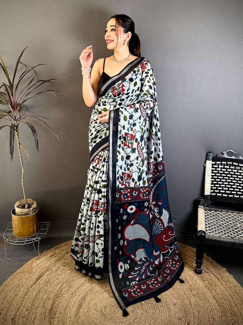 Stylish Mul Cotton Elephant Kalamkari Print Saree