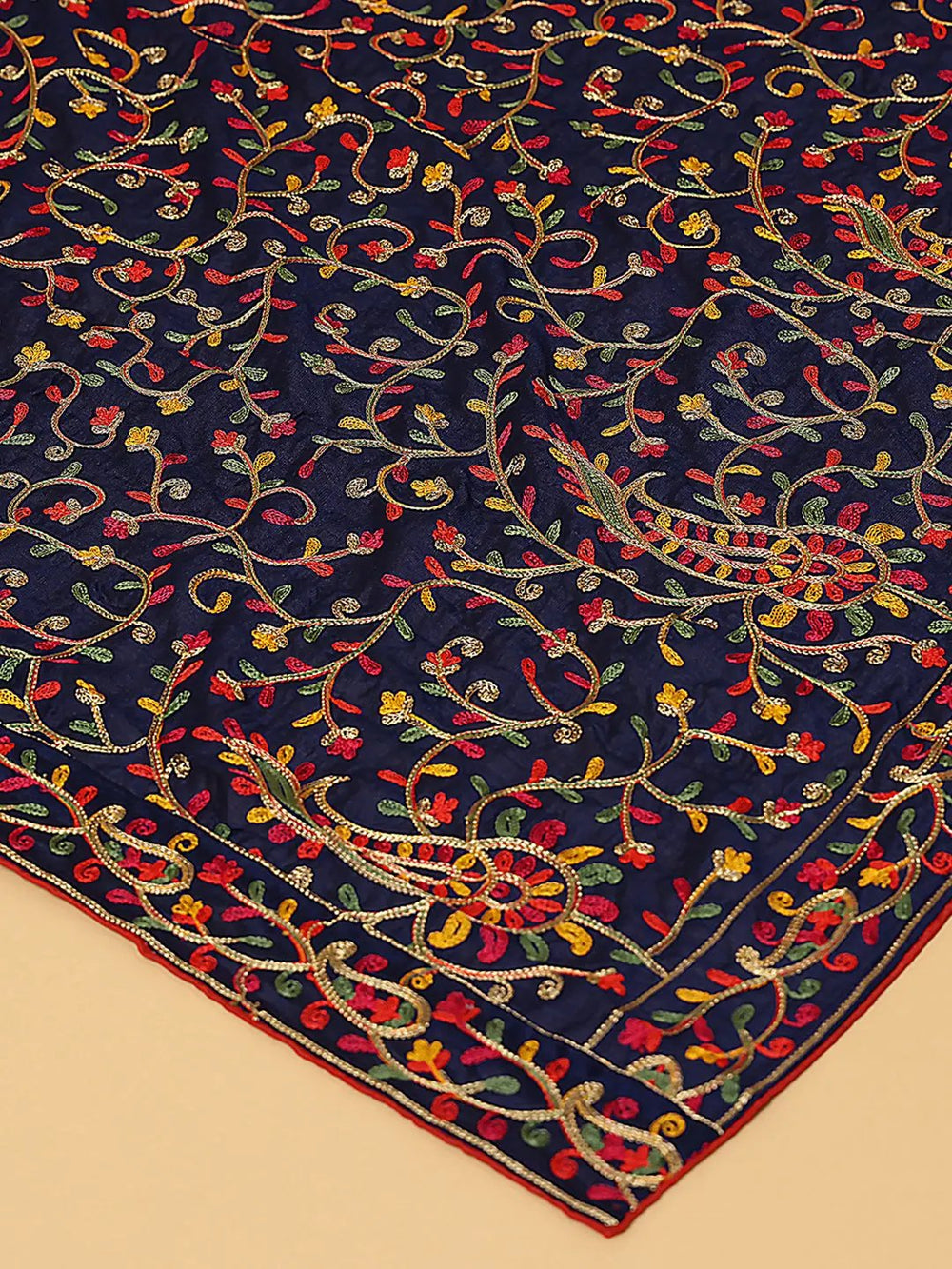 Close-up of Navy Dupatta with detailed threadwork patterns