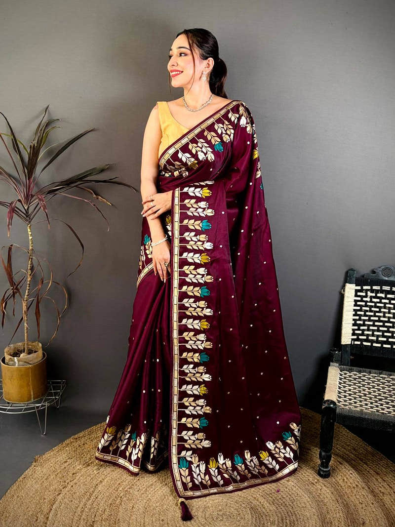 Wine Soft Satin Minakari Aari Work Saree