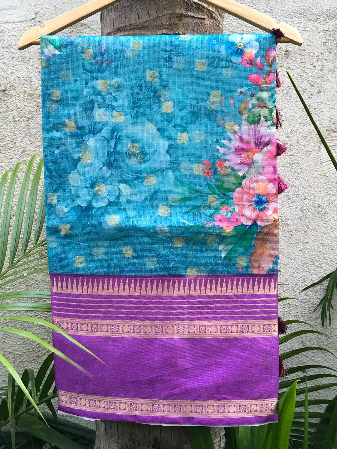 Kota Doriya Arctic Blue Floral Printed Saree