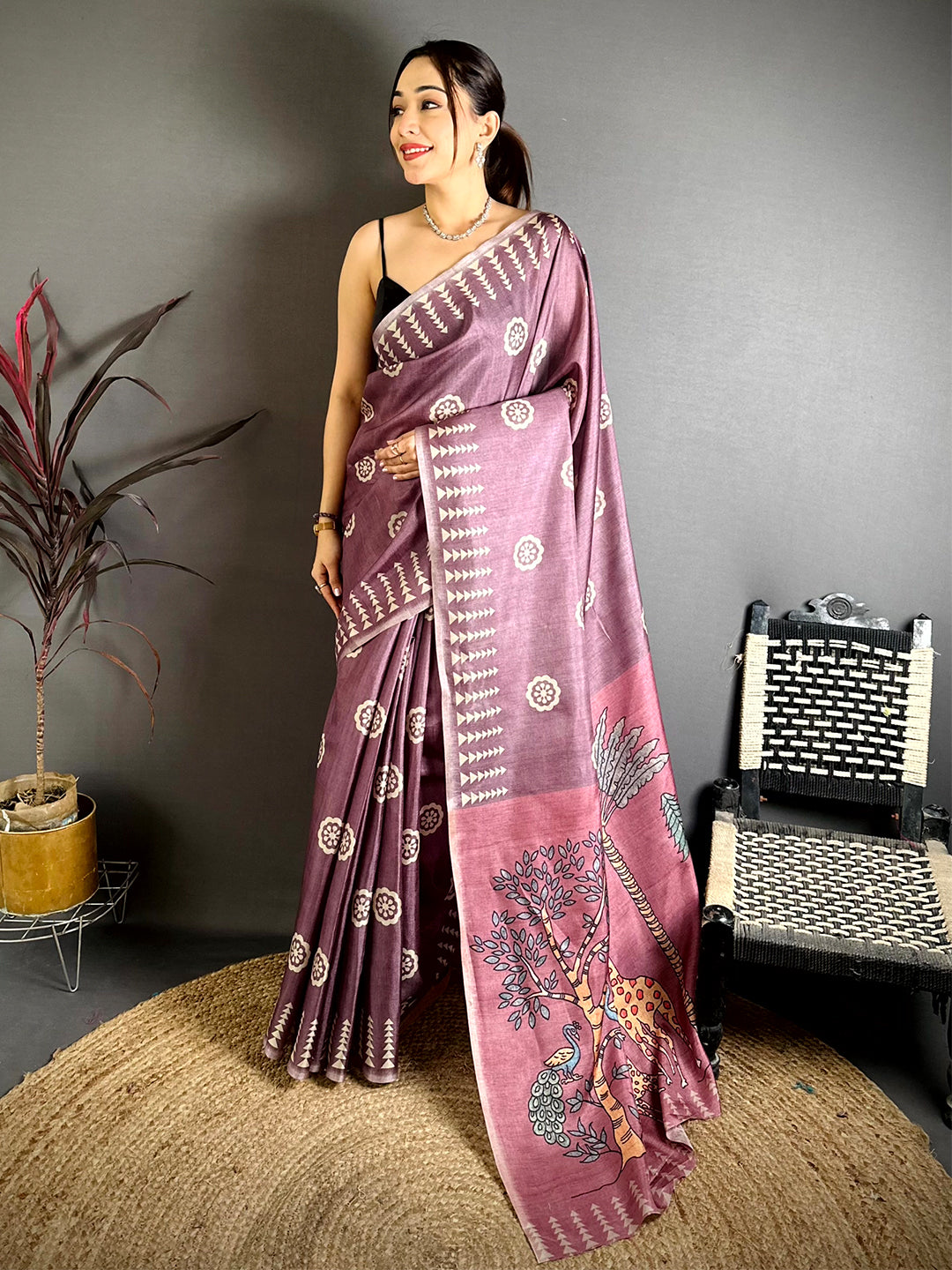 Radiant Geometric Tussar Kalamkari Saree