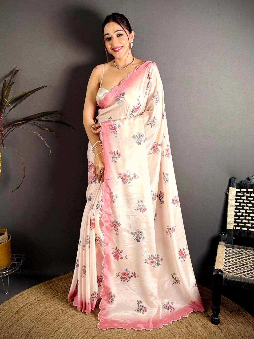 Cream Chinnon Embroidered Border Saree