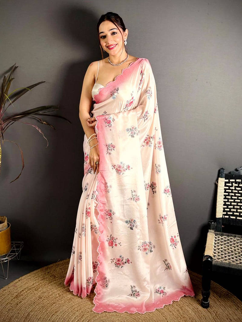 Cream Chinnon Embroidered Border Saree