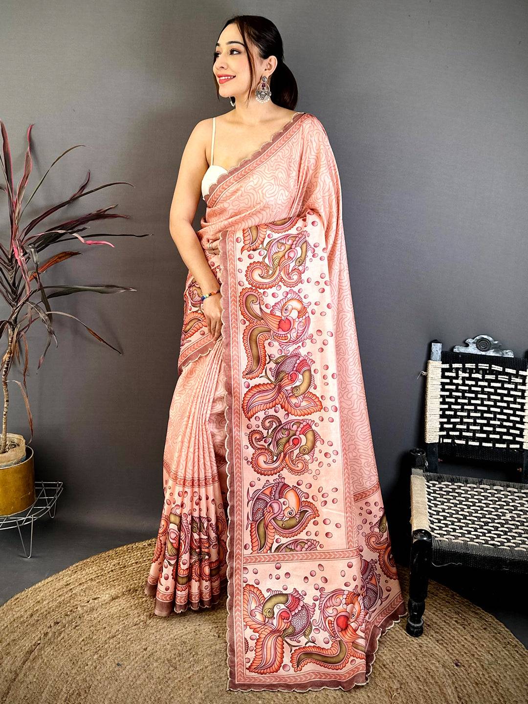 Peach Kalamkari Tussar Cutwork Saree