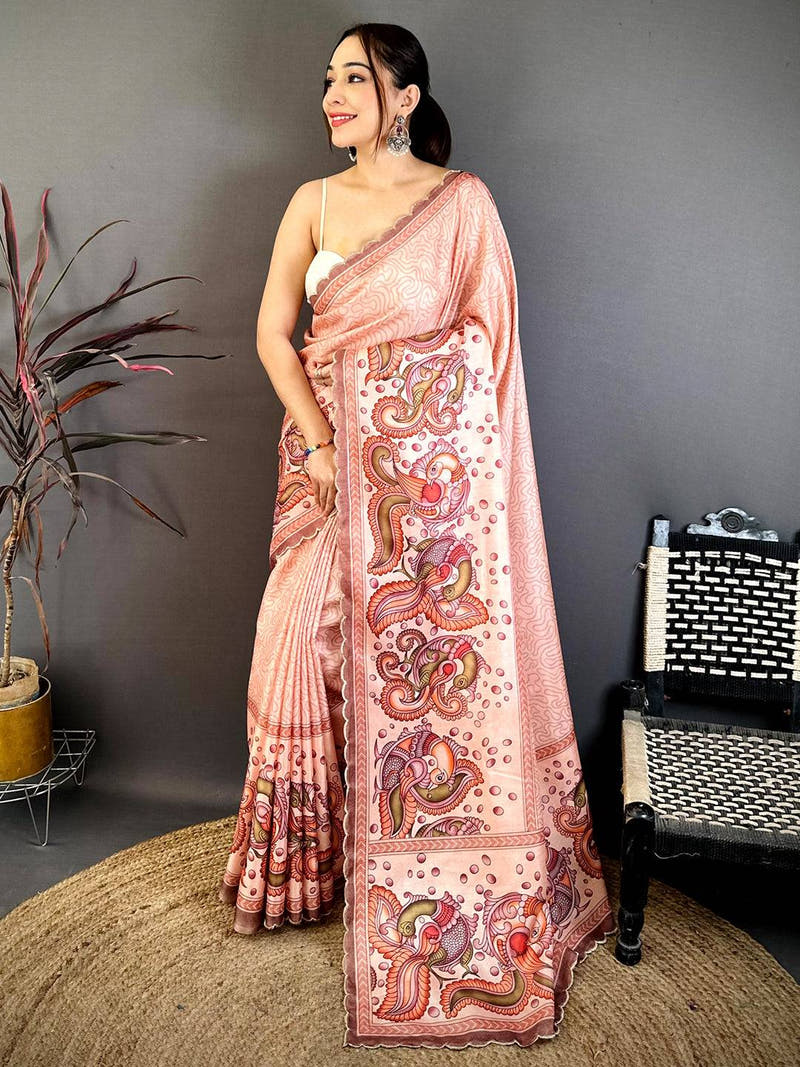 Peach Kalamkari Tussar Cutwork Saree