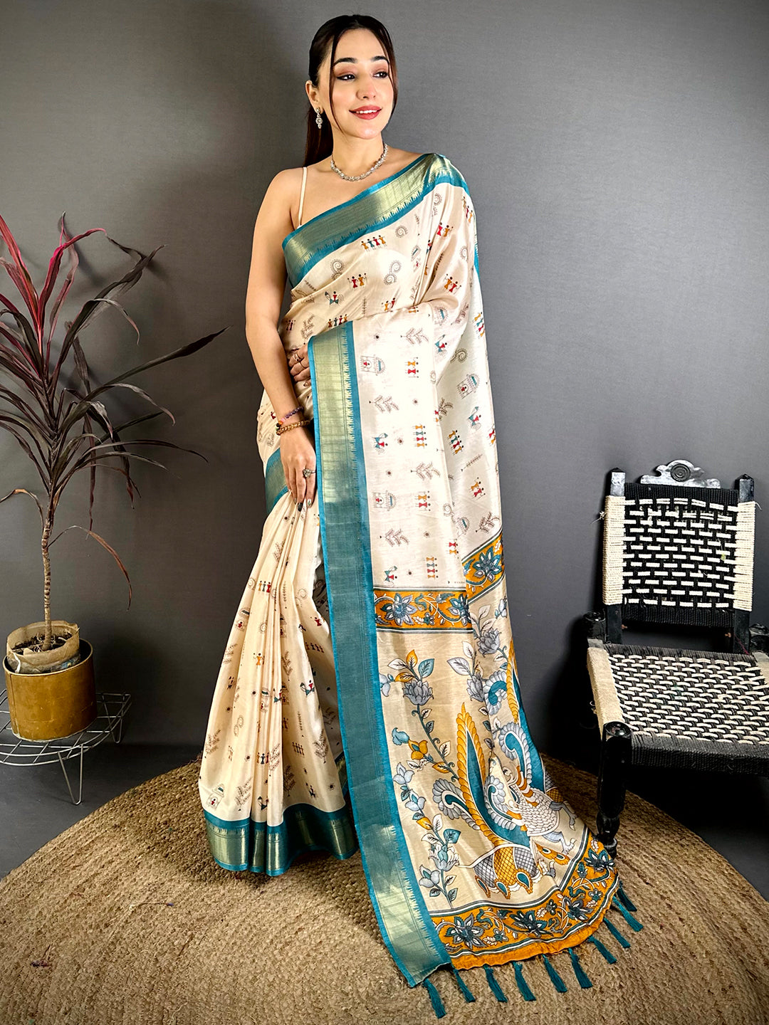 Rama Soft Dola Silk Warli Print Saree