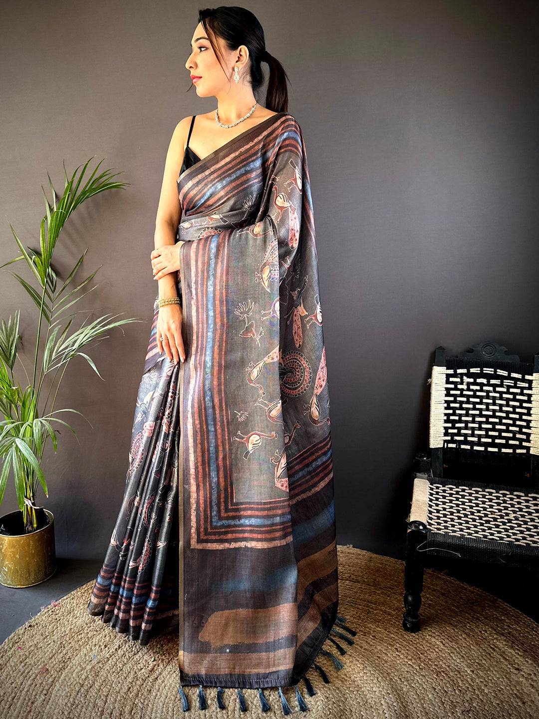 Grey Chanderi Floral Kalamkari Digital Print Saree