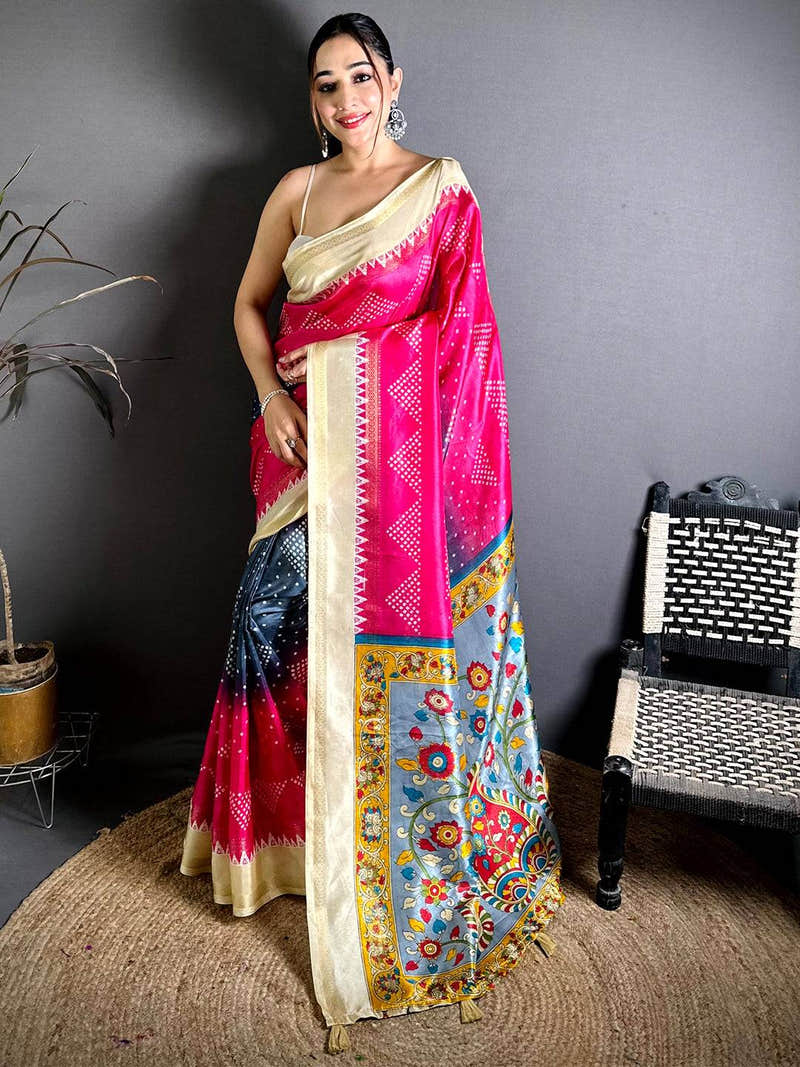Classic Kalamkari Pallu Bandhej Print Saree